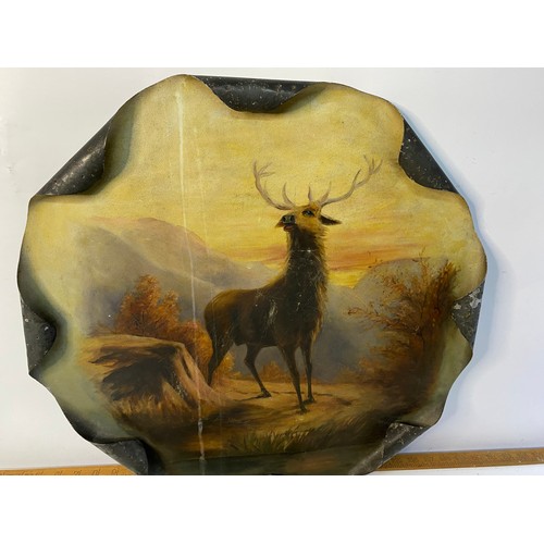 488 - 2 metal plaques with painted pictures of a Stag and a Dog, stag plaque is 53 cms diameter and the do... 