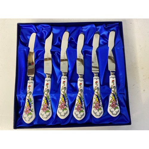 213 - Boxed Aynsley Pembroke cake plate with knife, 6 piece knife set plus Cottage Garden Var-i-ete bowl