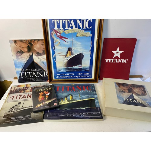 224 - Framed reproduction Titanic poster with other Titanic related items