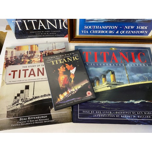 224 - Framed reproduction Titanic poster with other Titanic related items