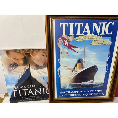 224 - Framed reproduction Titanic poster with other Titanic related items