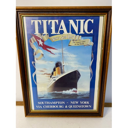 224 - Framed reproduction Titanic poster with other Titanic related items