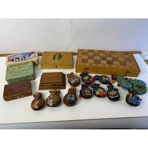 286 - Selection of wooden and tin boxes and 12 pairs of castanets