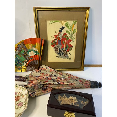 247 - Selection of Oriental ware including vintage parasol, silk embroidery, vase and others.