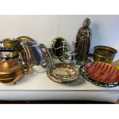 250 - Assortment of metalware including Nambe pitcher, bed warmer, plated ware and brass.