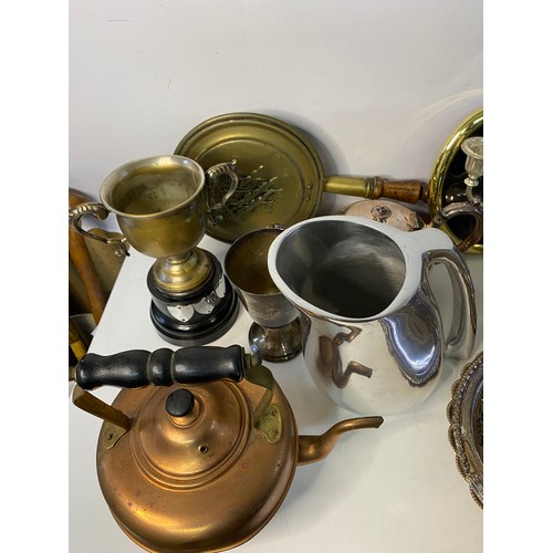 250 - Assortment of metalware including Nambe pitcher, bed warmer, plated ware and brass.