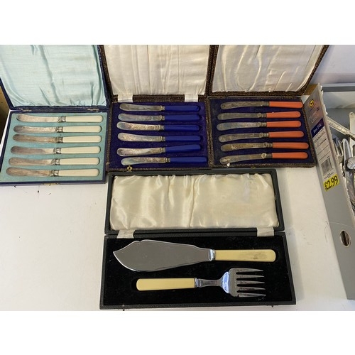 287 - Assortment of vintage loose cutlery, 3 boxed sets of knives and box set of fish serving knife and fo... 