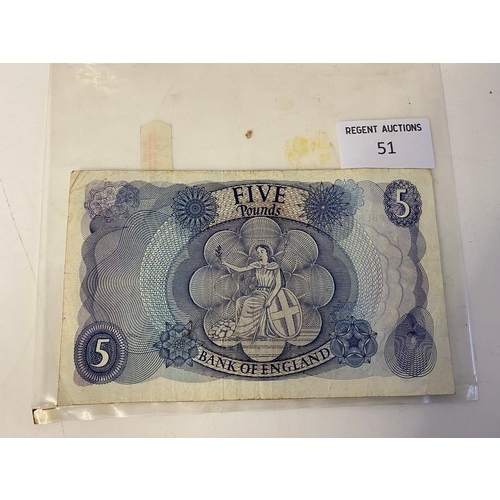 51 - Vintage J.S. Forde old large blue £5 note