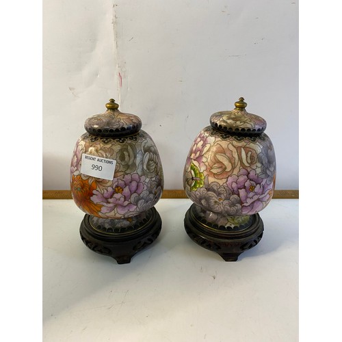 990 - Pair of matching Cloisonne vases standing 20 cms tall including stands