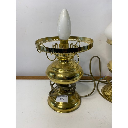 995 - Set of 3 x brass style table lamps measuring 35 cms tall, one without shade and missing plugs