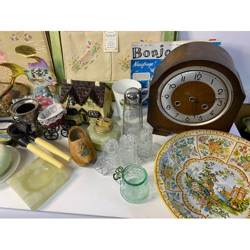 664 - Assortment of vintage and collectable curios including ceramics, old tins and clocks.