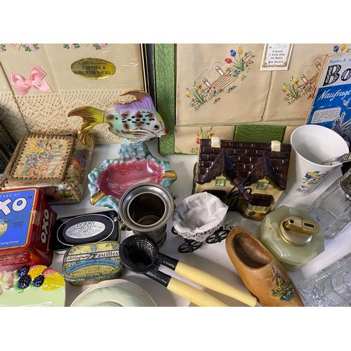 664 - Assortment of vintage and collectable curios including ceramics, old tins and clocks.