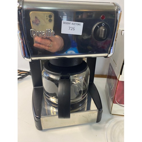 726 - Dualit CF26 filter coffee machine plus box of brand new coffee cups.