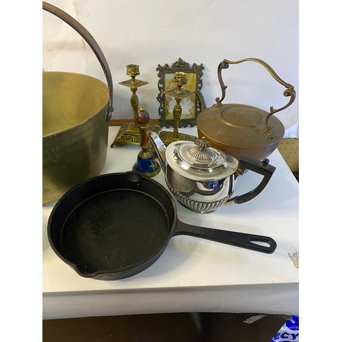 727 - Selection of brass and metalware including jam pan and candlesticks