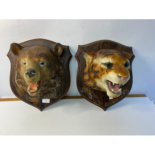 745 - 2 vintage moulded plastic animal head shield wall plaques, approximately 35x40cm