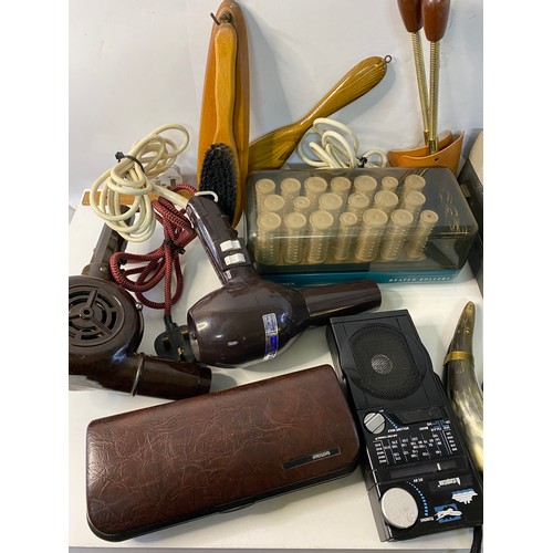 698 - Selection of vintage and retro household items including hairdryers.