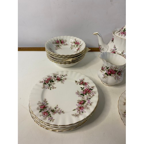 521 - Royal Albert Lavender Rose tea set comprising of teapot, milk and sugar bowl, 6 bowls, 6 cups and sa... 