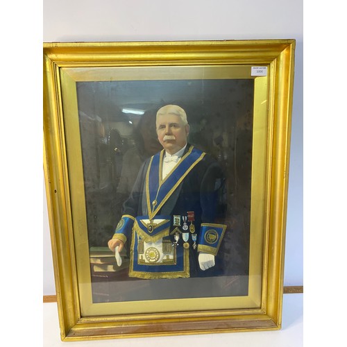 1000 - West Lancashire Masonic hand coloured photo of WM in full regalia in gold frame. 60x76cms