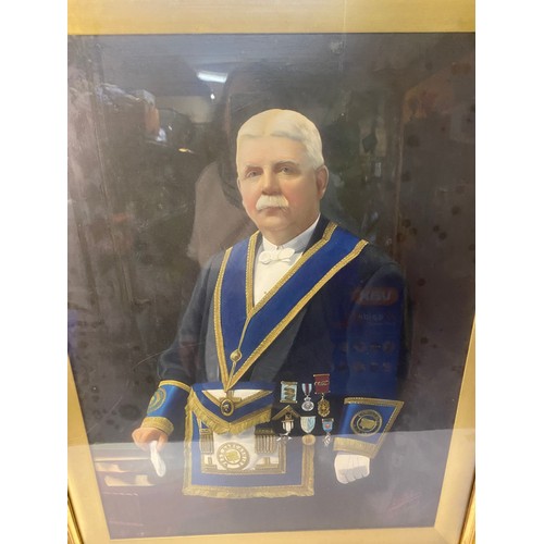 1000 - West Lancashire Masonic hand coloured photo of WM in full regalia in gold frame. 60x76cms