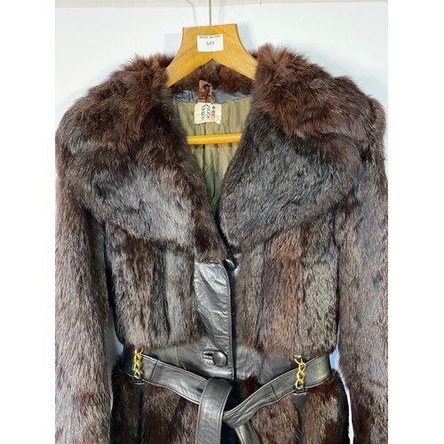649 - Vintage fur and leather long length coat.
