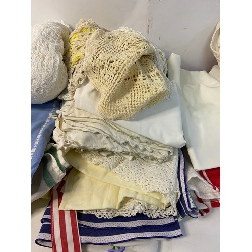 Box of vintage linens, tablecloths, tea towels etc