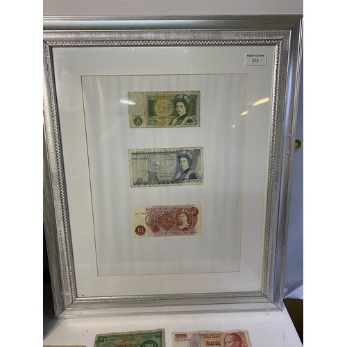 Selection of used bank notes, some framed