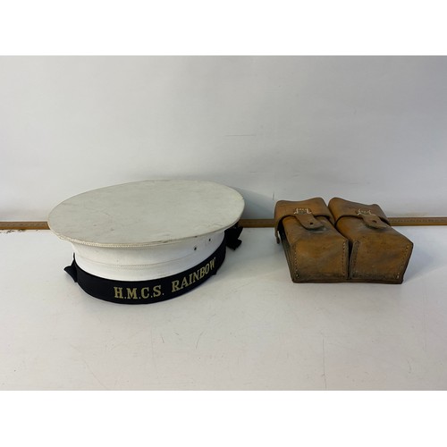 22 - Royal Navy cap H.M.S. Rainbow and leather ammunition pouch