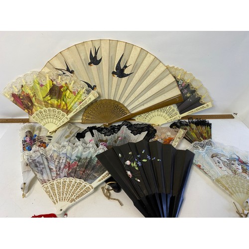 9 - Collection of 10 x vintage silk fans of various designs