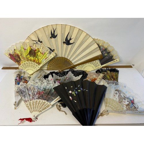 9 - Collection of 10 x vintage silk fans of various designs
