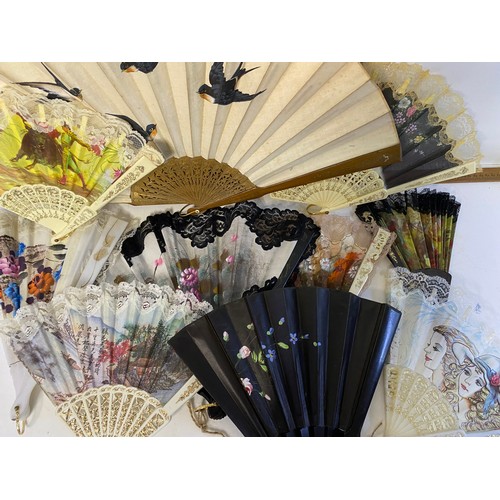 9 - Collection of 10 x vintage silk fans of various designs