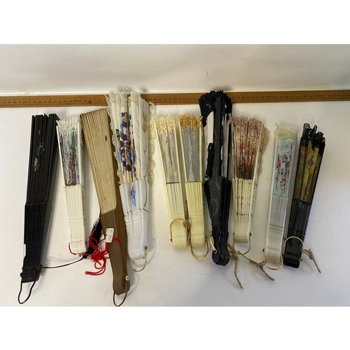 9 - Collection of 10 x vintage silk fans of various designs