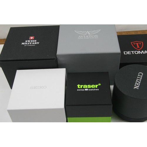 18 - Collection of vintage watch boxes from Citizen, DeTomaso, Swiss Military, Seiko, Traser and Aviator