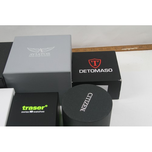 18 - Collection of vintage watch boxes from Citizen, DeTomaso, Swiss Military, Seiko, Traser and Aviator