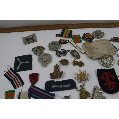 44 - Collection of Military cap badges, patches, ribbons and WW2 medal