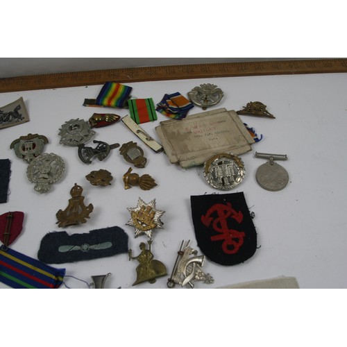 44 - Collection of Military cap badges, patches, ribbons and WW2 medal