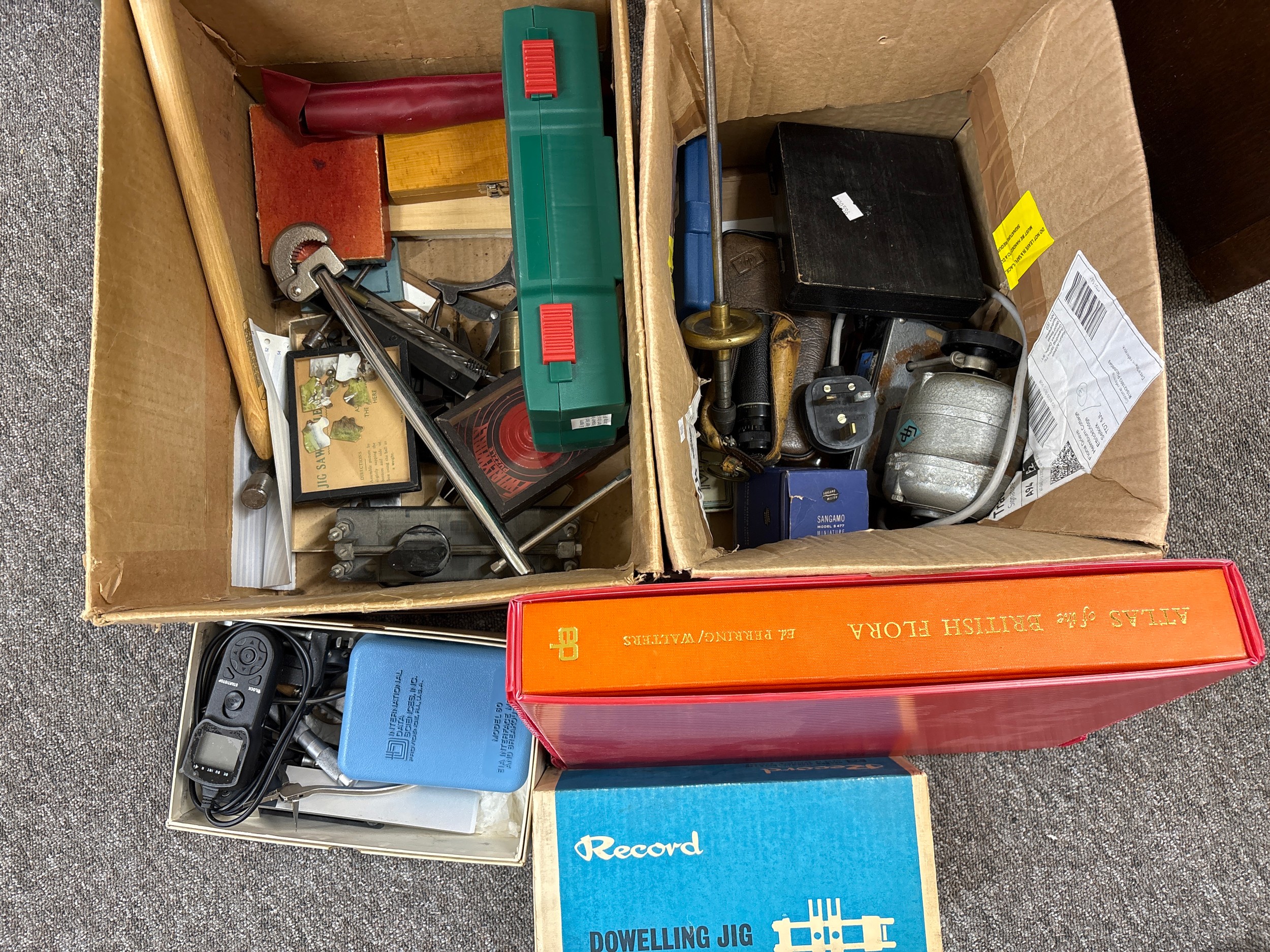 Two boxes containing tools, curios, games etc.