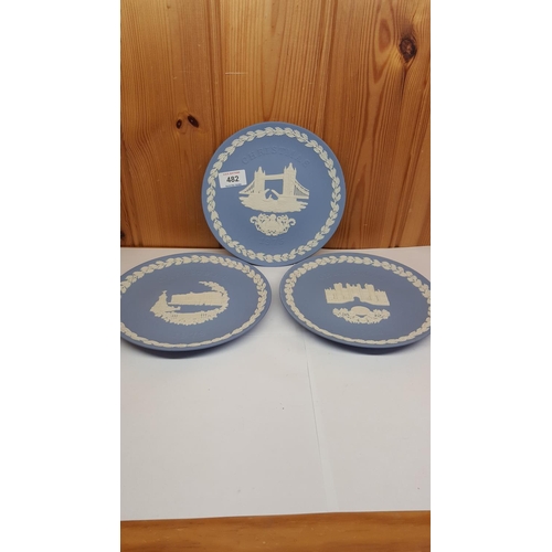 482 - WEDGWOOD PALE BLUE JASPER WARE PLATES (3) 1975,76 And 79