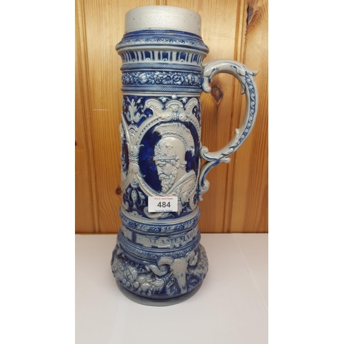 484 - GERMAN SALT GLAZE 3L BLUE TANKARD (Achilles, Minerva & Agamemnon)