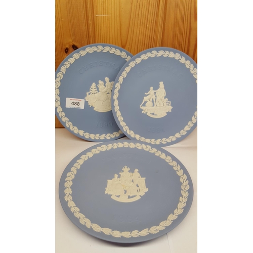 488 - WEDGWOOD PALE BLUE JASPER WARE PLATES (3) 1990 ,91 And 94