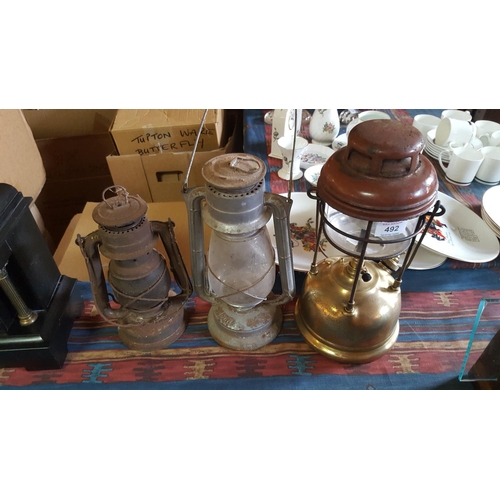 492 - BRASS TILLEY LAMP Together With TWO OTHERS