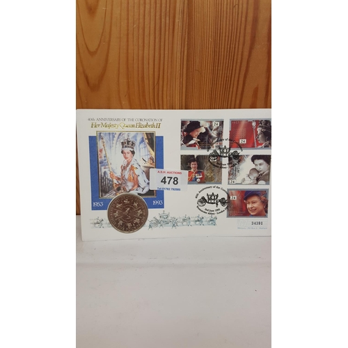 478 - QUEEN'S CORONATION ANNIVERSARY £5 COIN IN FIRST DAY COVER