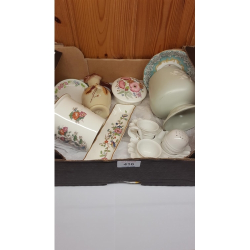 416 - BOX CONTAINING A QTY OF CHINA ITEMS Inc WEDGWOOD, AYNSLEY Etc