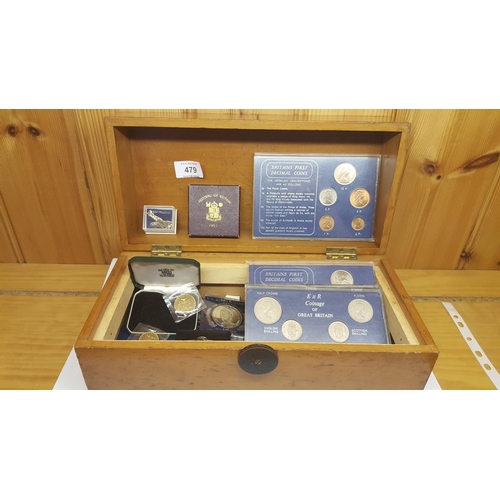 479 - EDWARDIAN WOODEN BOX & COIN SETS