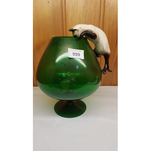 99 - BESWICK SIAMESE CAT And BESWICK MOUSE ON And IN A Large GREEN GLASS BRANDY GLASS