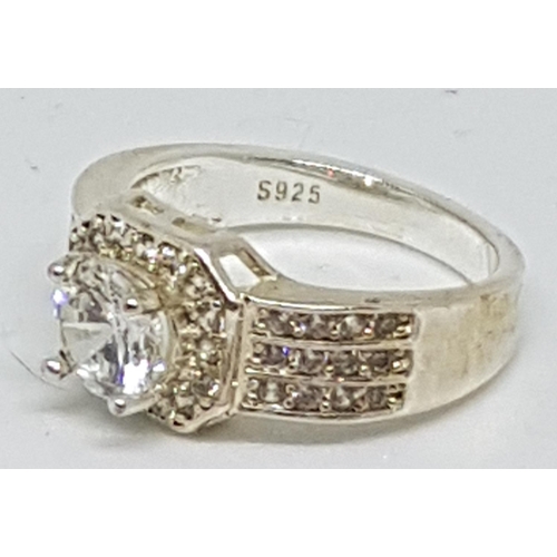 100A - SILVER (925) WHITE STONED LADIES RING  (Size Q) (With Gift/Presentation Box)