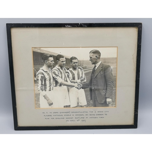 130 - PHOTOGRAPH OF Mr R McGRORY MANAGER CONGRATULATING THREE STOKE CITY PLAYERS MATTHEWS,STEELE & JOHNSON... 