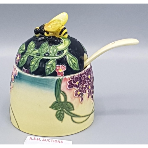 130E - OLD TUPTON WARE TUBELINED HONEY POT And SPOON (1357) IN THE WISTERIA DESIGN