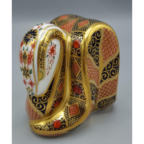 34 - ROYAL CROWN DERBY CHINA PAPERWEIGHT IN THE FORM OF A SNAKE IN THE IMARI DESIGN