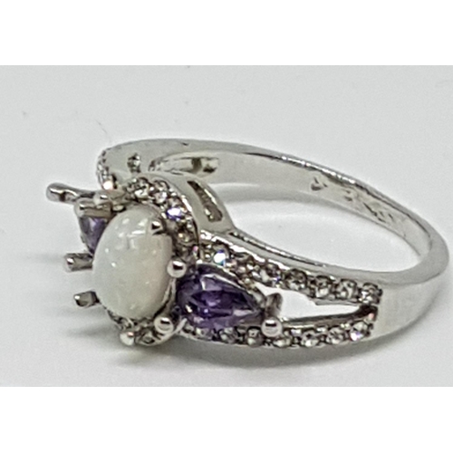 80A - SILVER (925) OVAL WHITE And PURPLE STONED LADIES RING  (Size P/Q) (With Gift/Presentation Box)