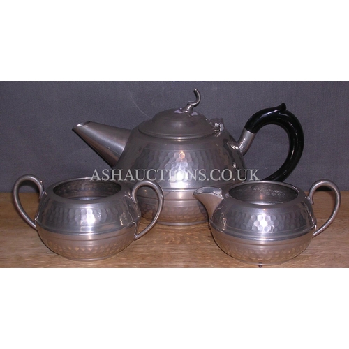 312 - CAMEO PEWTER (Hand Beaten) TEAPOT, CREAM & SUGAR